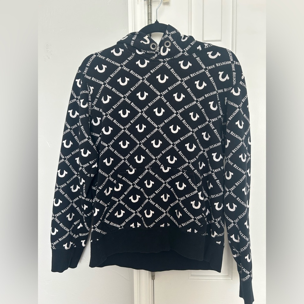 True Religion Black Hoodie with White All-Over Logo